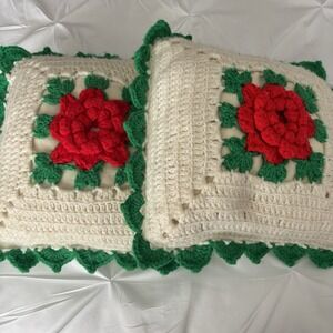 Vintage, Handcrafted set of 2 Square Crochet Flower Christmas Pillows 16" Square